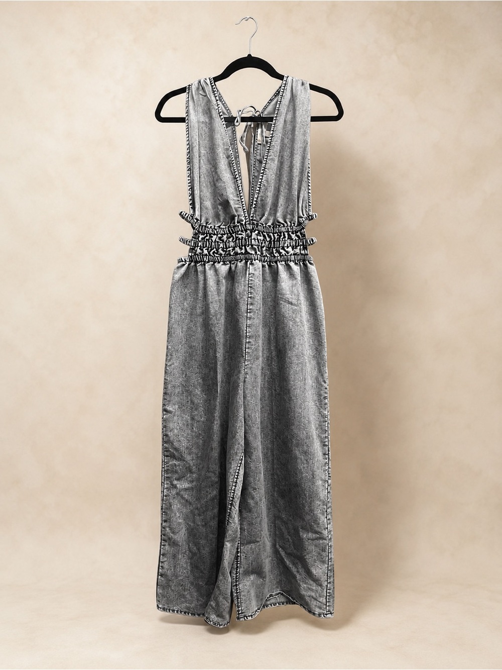 Gray Acid Wash Wide Leg Jumpsuit Cutout Waist Size M-L Good Condition